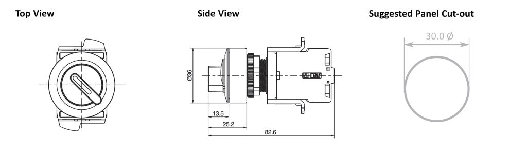 Drawing of RJSAS30E Selector Illuminated, led illuminated selector switch, terminal block, rjs electronics ltd