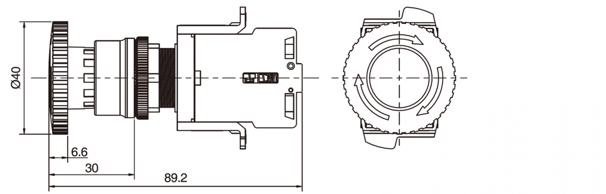 Drawing of Emergency Switch – E-Stop, Red Mushroom head, with LED illumination, Single colour Illumination, Mushroom head, Push Button switch, Solder lug terminals RJS Electronics Ltd