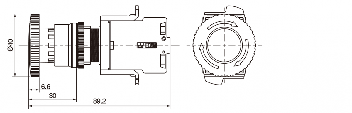 Drawing of Emergency Switch – E-Stop, Red colour Mushroom head, without LED illumination, Single colour Illumination, Mushroom head, Push Button switch, Solder lug terminals RJS Electronics Ltd