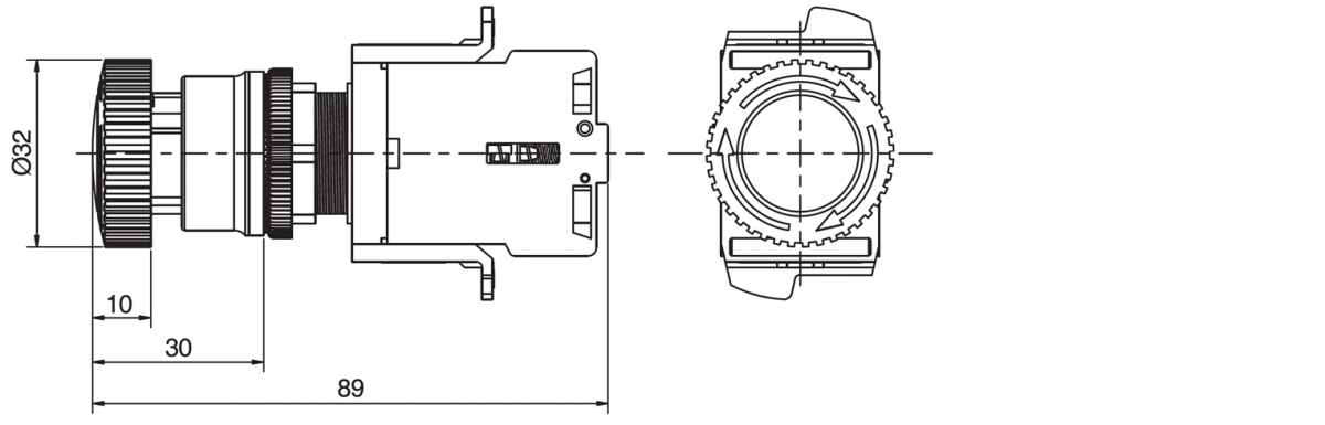 Drawing of Emergency Switch – E-Stop, Red Mushroom head, with LED illumination, Single colour Illumination, Mushroom head, Push Button switch, Solder lug terminals RJS Electronics Ltd