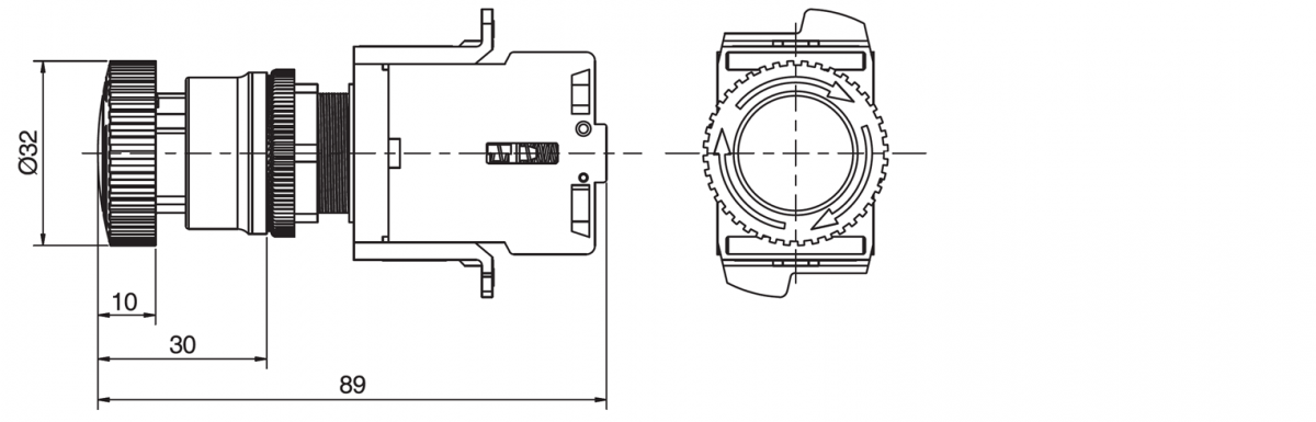 Drawing of Emergency Switch – E-Stop, Red colour Mushroom head, without LED illumination, Single colour Illumination, Mushroom head, Push Button switch, Solder lug terminals RJS Electronics Ltd