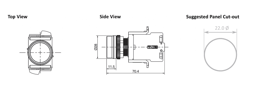 Drawing of 773. RJSMS22E Round Flat with Light, led illuminated switch, terminal block, rjs electronics ltd