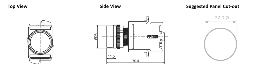 Drawing of RJSMS22E Round Flat Button without Light, non-illuminated, terminal block, rjs electronics ltd