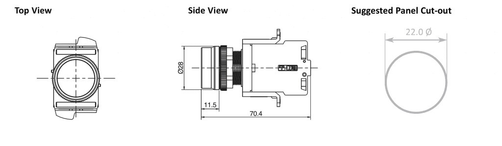 Drawing of RJSMS22E Round Flat, non-illuminated, terminal block switch, rjs electronics ltd