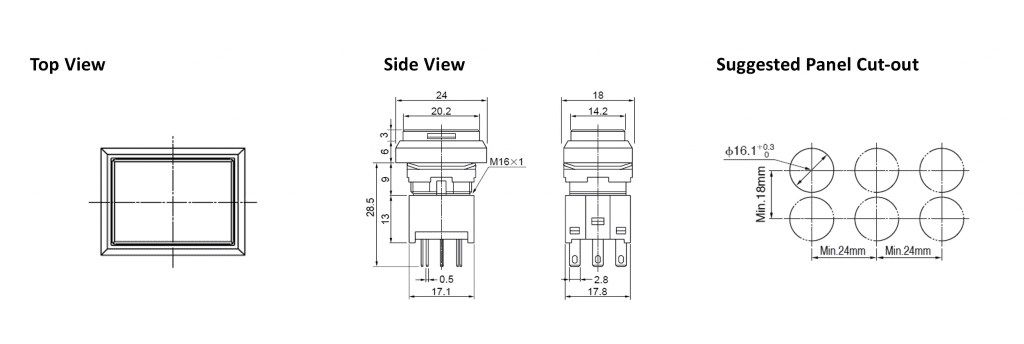 drawing for KH rectangular push button with led illumination, rjs electronics ltd