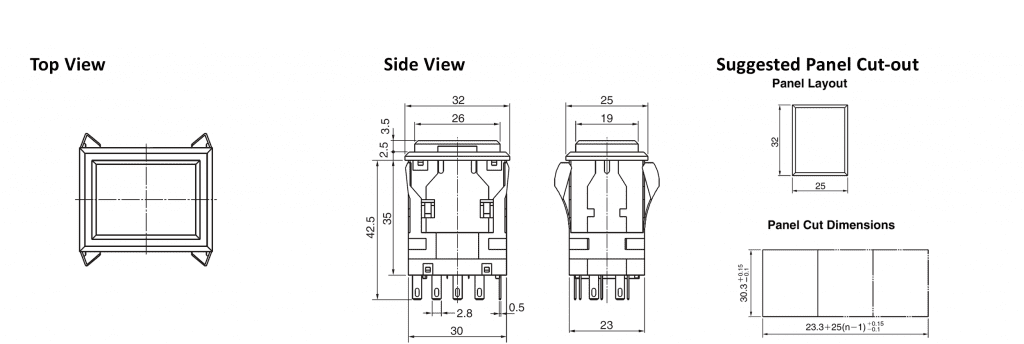 Drawing for WH rectangular led button, rjs electronics ltd