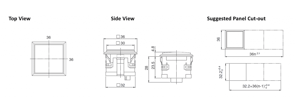 drawing for 3L square led panel indicator, rjs electronics ltd