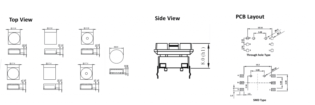 Drawing of pcb led push button switch, rjs electronics ltd