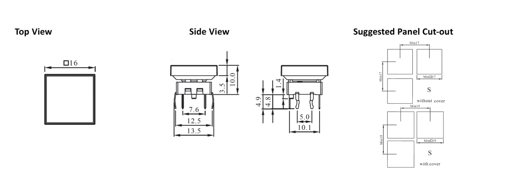 square led button, technical drawing, rjs electronics ltd