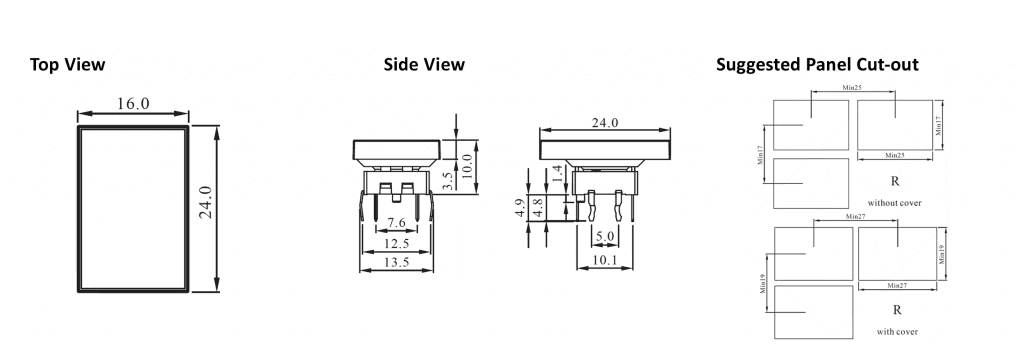 Drawing for rectangular push button switch, rjs electronics ltd