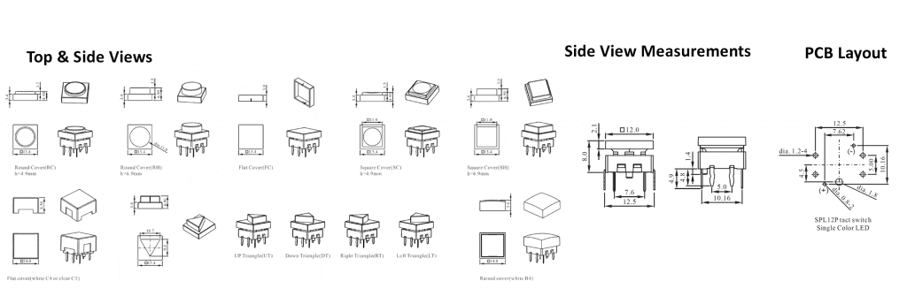 Drawing for SPL12 pcb push button switch, rjs electronics ltd