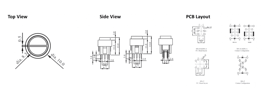 drawing for SPA led push button switch with round cap, rjs electronics ltd