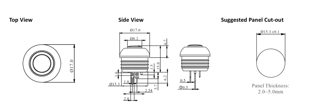 Drawing of SPKS rubberised tactile push button switch, led illuminated, rjs electronics ltd