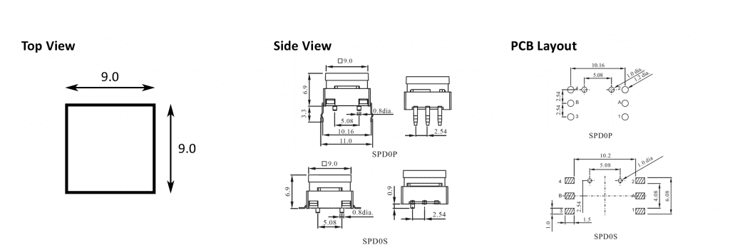 Drawing of SPD0 led illuminated tactile push button switch, custom symbol, rjs electronics ltd