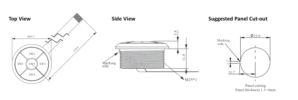 Drawing of Navigation Switch: SF25WA, 5 key momentary function switch, led illuminated, rjs electronics ltd