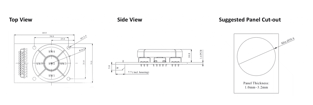 Drawing of SPD5K2, 5 SPD tactile push button switches mounted on a PCB, momentary tactile function, custom led illumination, rjs electronics ltd