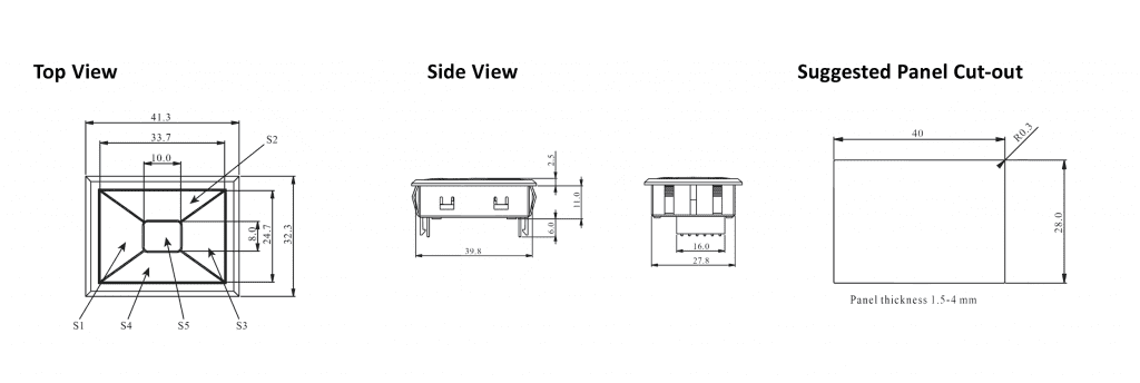 Drawing of Navigation Switch: SNA4, 5-way Navigation Switch with tactile momentary push button function, custom led illumination, rjs electronics ltd