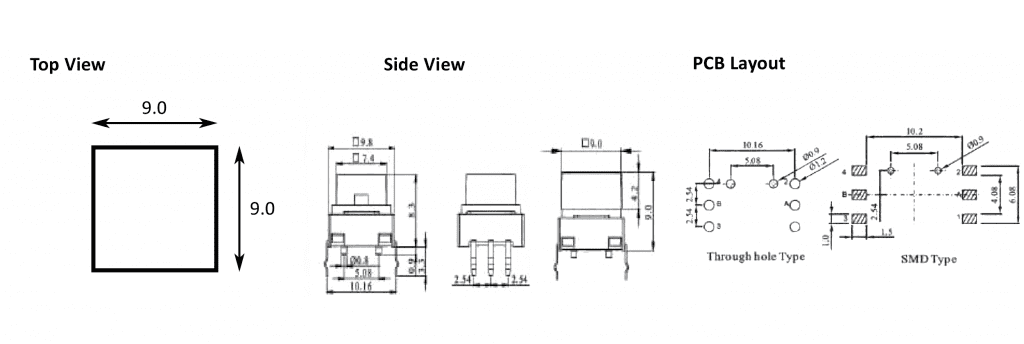 Drawing of SPDKP, led illuminated tactile push button switch, rjs electronics ltd