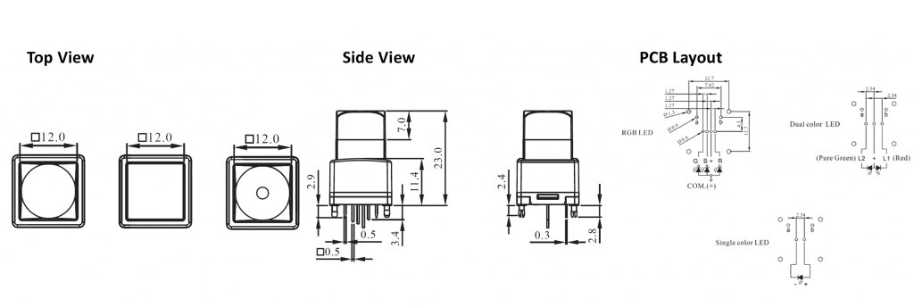 Drawing of SPG1 / SPG2 Square 12mm, LED illuminated push button switch, pcb broadcast switch, rjs electronics ltd