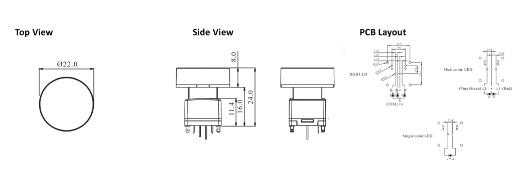 Drawing of SPG1 / SPG2 Round 22mm, led illuminated push button switch, pcb broadcast switch, rjs electronics ltd