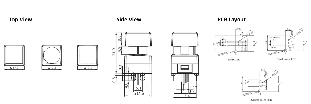 Drawing of 15mm² SPG5 led illuminated momentary push button switch, pcb broadcast switch, rjs electronics ltd