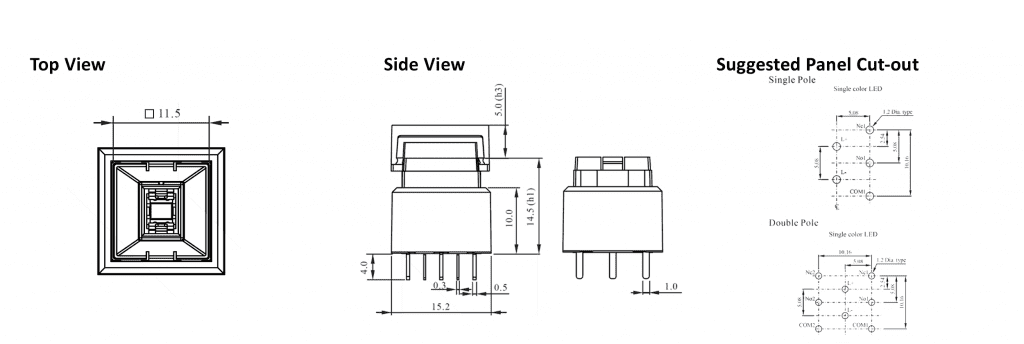 Drawing of SPCG LED illuminated push button switch, pcb broadcast switch, rjs electronics ltd