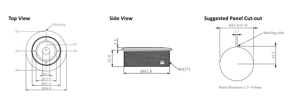 Drawing of Navigation Switch: SF42EA 5 Way Module, non-illuminated, momentary push button function, 360 rotation, rjs electronics ltd