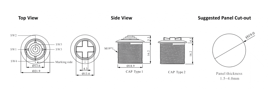 Drawing of Navigation Switch: SF19BA Joystick Style switch with led illumination, tactile momentary function, rjs electronics ltd