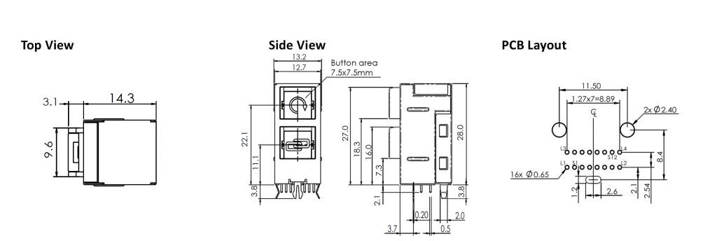 drawing for led pcb button switch, rjs electronics ltd