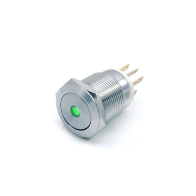Metal antivandal push button switch, dot green led illumination, brushed steel, IP67, RJS Electronics ltd