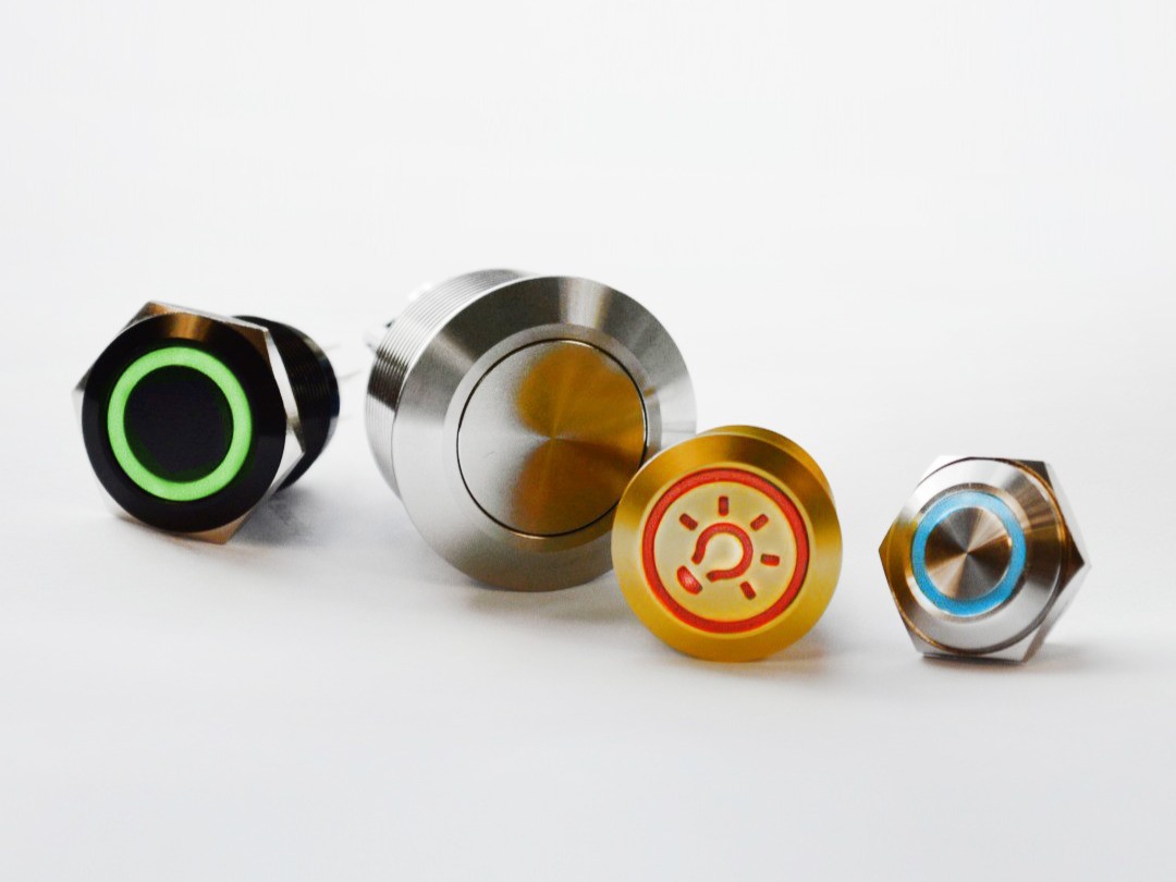 Metal anti-vandal push button switches group image, custom LED illumination, custom finishes, LED switches, switch with illumination, RJS Electronics Ltd