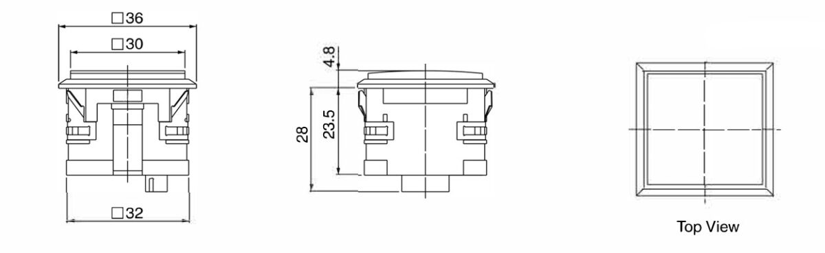 Drawing of 3L Square - Connector Type, panel mount LED indicator, plastic indicator, RJS Electronics Ltd