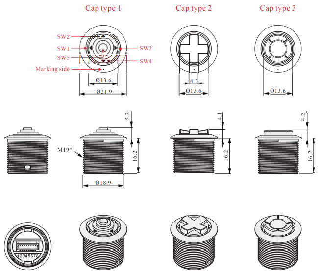 Drawing of Navigation Switch SF19BA Joystick Style led illuminated tactile switch RJS Electronics Ltd