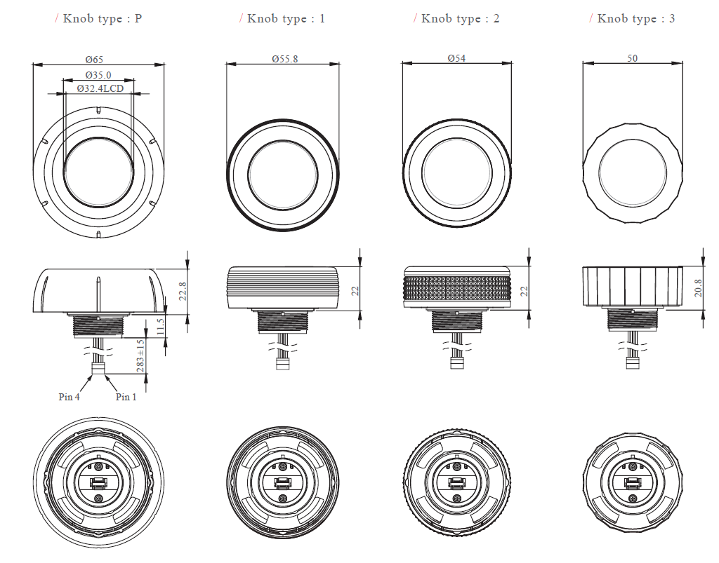Drawing of RJS-SDE-3 knob types, programmable navigation switch, rotary encoder, push button switch, switch with illumination, LCD display, CAN BUS communication, LED switches, panel mount, momentary push button switch, RJS Electronics Ltd