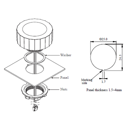 Drawing of RJS-SDE-3 panel cut-out and installation notes, programmable navigation switch, rotary encoder, push button switch, switch with illumination, LCD display, CAN BUS communication, LED switches, panel mount, momentary push button switch, RJS Electronics Ltd