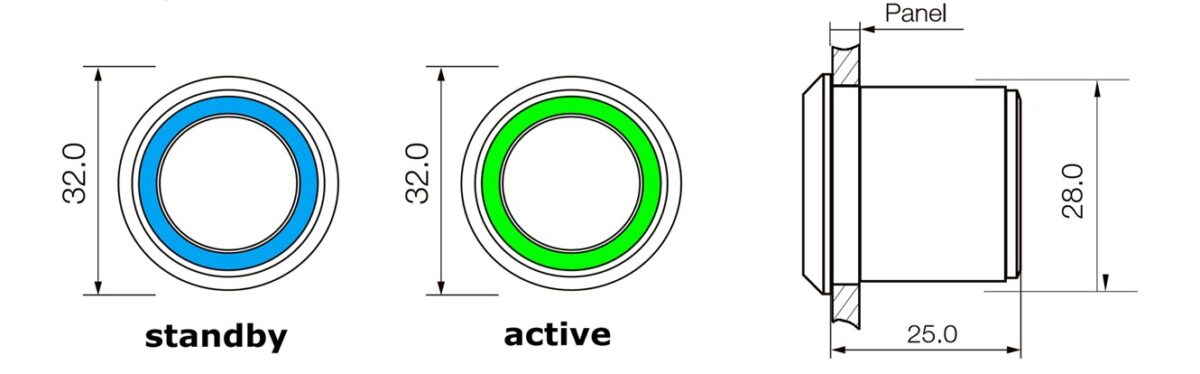 Drawing of RJS-TL touchless switches, no touch switches, no touch button, infrared switch, LED switches, blue/green LED illumination, RJS Electronics Ltd