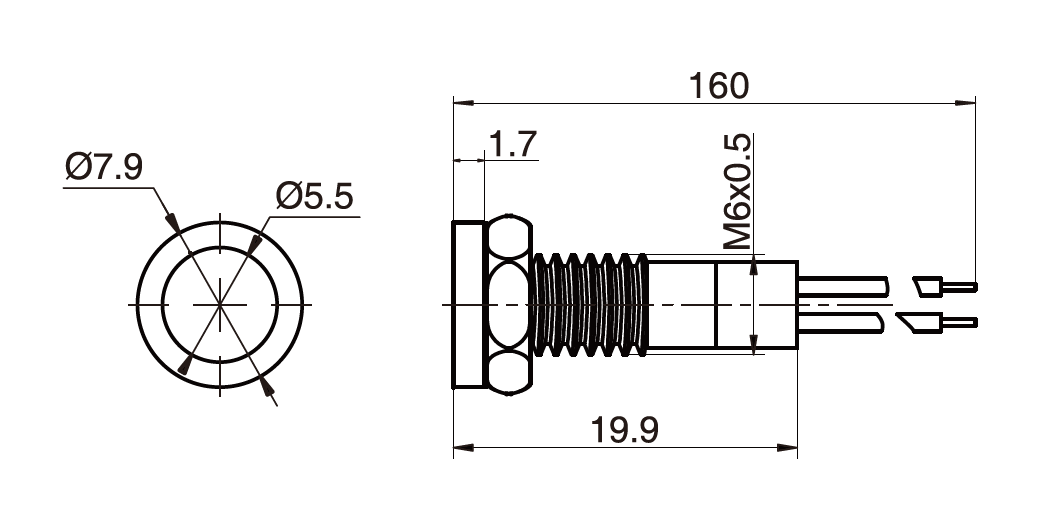 Drawing of RJS01-6I-170P~67J 6mm, LED indicator, panel mount, metal indicator, illuminated indicators, RGB LED, RJS Electronics Ltd