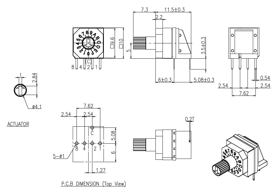 Drawing of RJSF-SR-16H Rotary DIP Switches, rotary switches, PCB switches, RJS Electronics Ltd