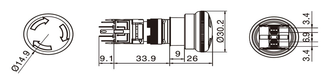 Drawing of RJSPS16B Emergency Stop 3, emergency stop switches, e-stops, latching push button switch, panel mount switches, components for safety, industrial controls, RJS Electronics Ltd
