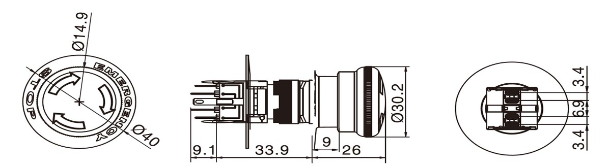 Drawing of RJSPS16B Emergency Stop Switches, e-stops, latching push button switch, panel mount switches, components for safety, industrial controls, RJS Electronics Ltd