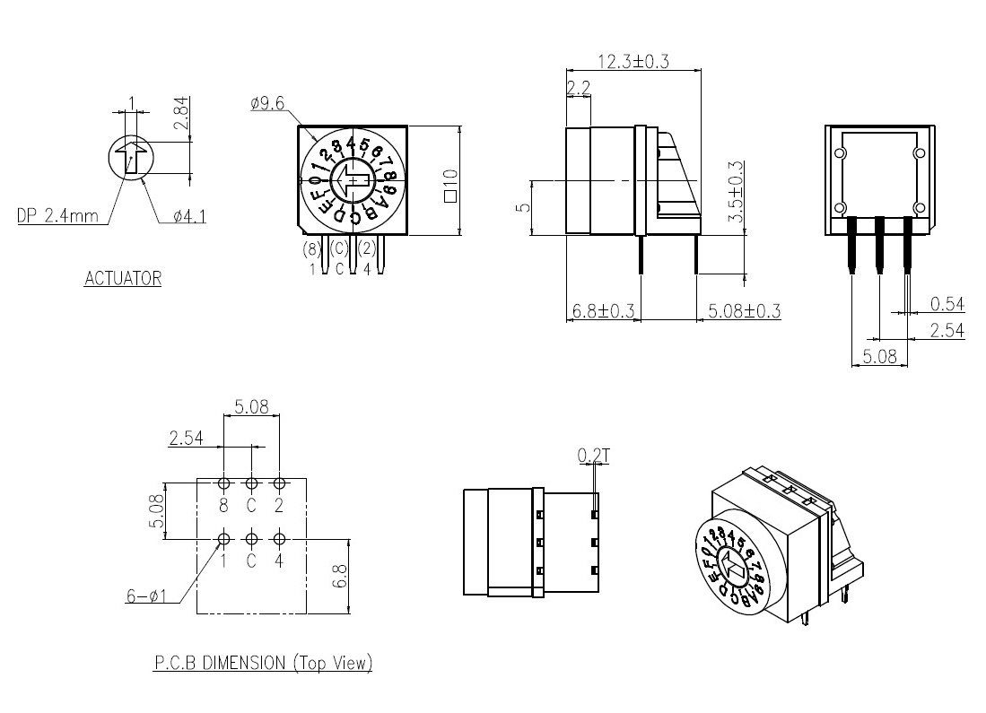 Drawing of RJST-DR-16H Rotary DIP Switches, rotary switches, PCB switches, RJS Electronics Ltd