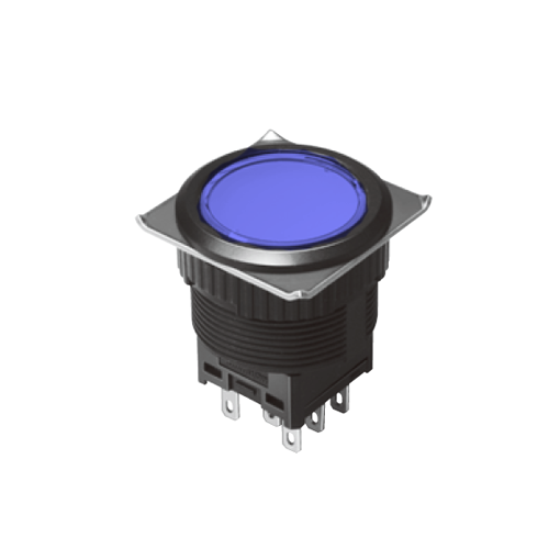 EH-G- Illuminated Push Button Switches - Round Flat - Blue - Momentary Pushbutton Switch, Latching push button switch, Latching function, Led Switches, RJS Electronics Ltd.