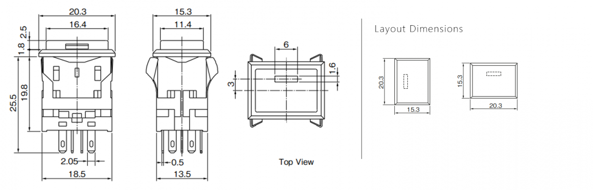 Drawing - FH - Illuminated Switch - Square Spot - Red LED Illumination Momentary push button switch, momentary function, latching push button switch, latching function, IP rated, RJS Electronics Ltd.