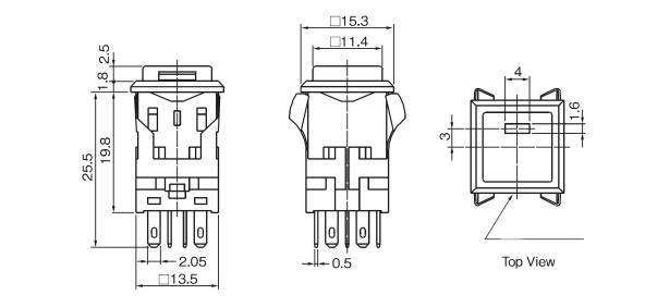 Drawing for square FH push button switch, rjs electronics ltd