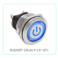 High Current metal push button switch with LED illumination, power symbol. RJS Electronics Ltd, RJS[X]07-25L(A)-F-C5~67J