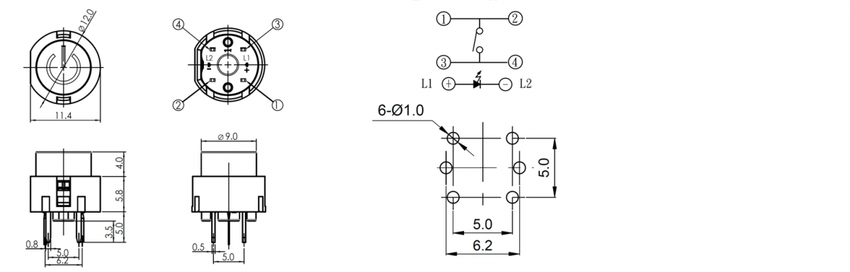 Illuminated pcb push button drawing, rjs electronics ltd