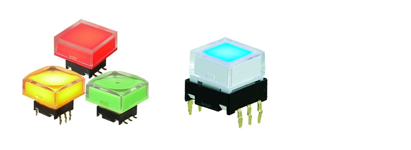 SPD series of PCB push button switches, with LED illumination. Single, Bi-colour, RGB LED illumination. RJS Electronics Ltd.