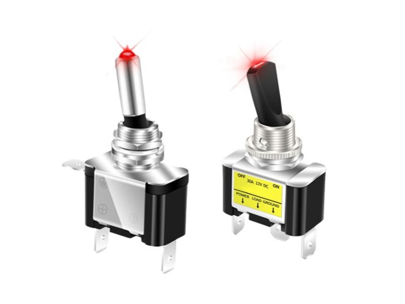 LED illuminated toggle switches, dot LED illumination, hard-wearing toggles, panel mount toggle switches, paddle switches, RJS Electronics Ltd