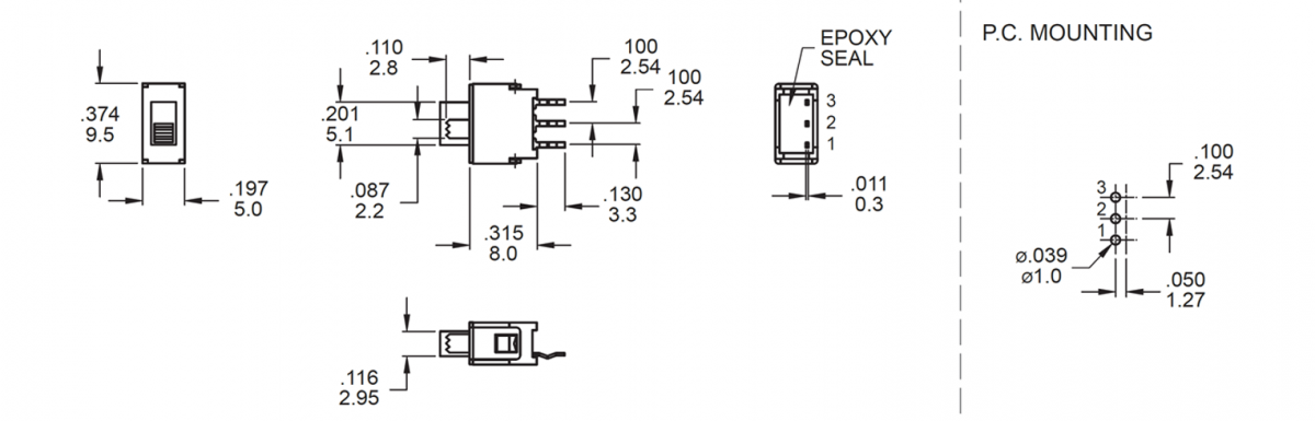 Slide switches with SPDT or DPDT and available in range of sizes and shapes, IP67 Rated, PCB without LED illumination, RJS Electronics Ltd.