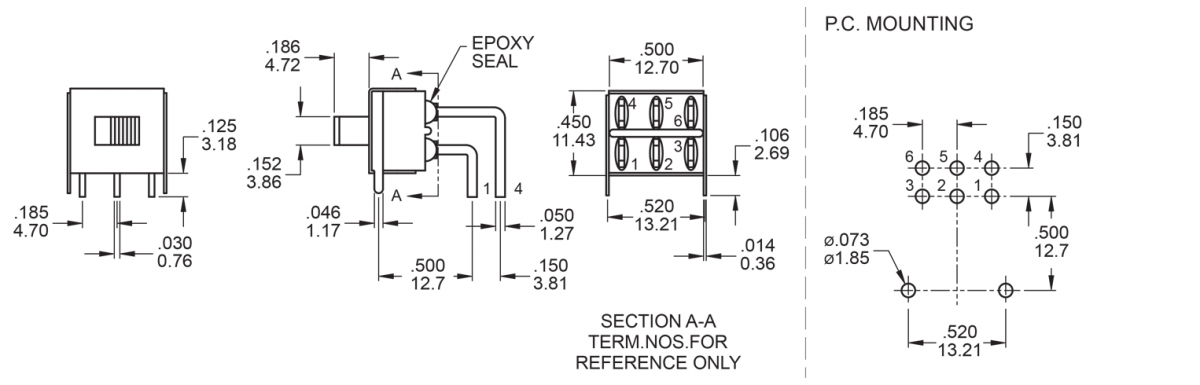 M6 DPDT drawing, Slide Switch, RJS Electronics Ltd.